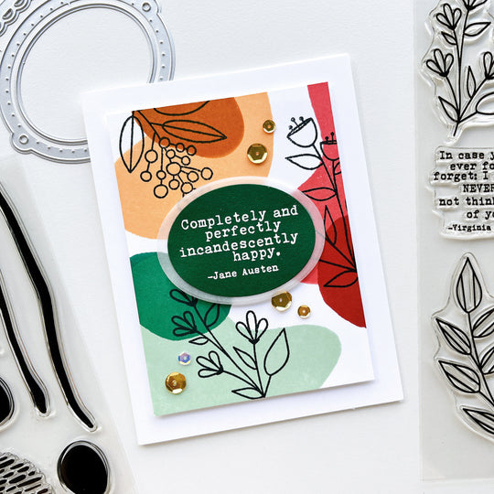 Austen quote card using Bold Bits & Patterns stamp set, Notable & Quotable Sentiments stamp set, Ex Libris dies, Midnight, Terracotta, Polished, Ginger, Apricot, and Wintergreen ink pads, and Vegas, Baby! sequin mix.