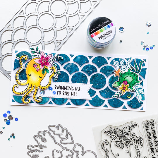 slimline card with ocean chums stamps and portsmouth sequins