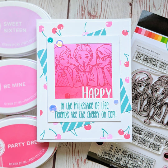 Better With Friends Stamp Set on blue stripe and cherry background