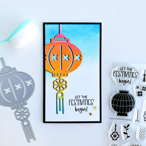 Orange Ombre lantern over blue blended background card