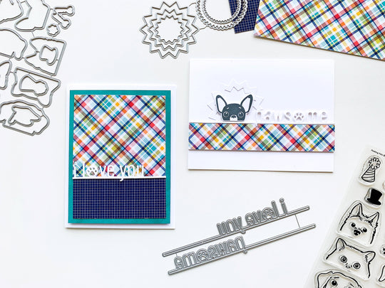 Two cards with pawsome word dies and peeking pet