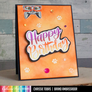 happy birthday card with peeking pet and ink blended background