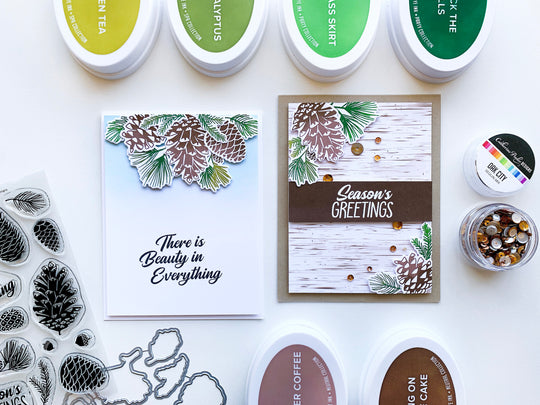 Two cards with Pinecone Greetings layered from tops