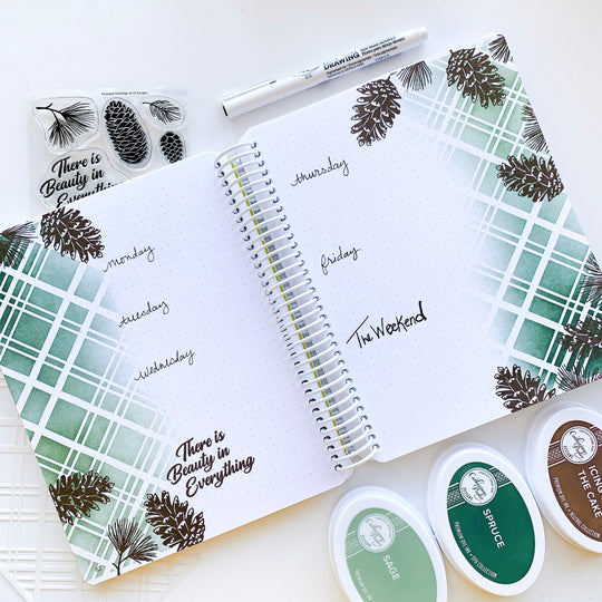 Canvo layout with Pinecone greeting over Just Plaid Stencil
