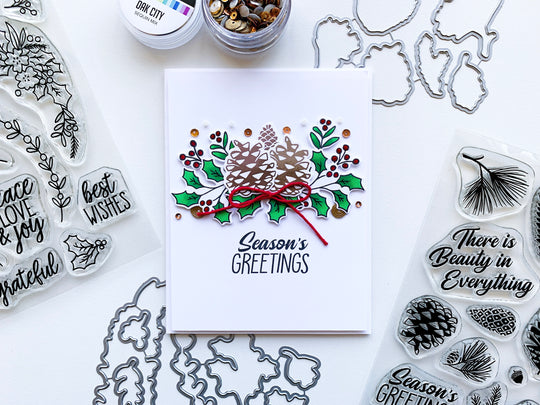 Peace Love and Holly and Pinecone Greeting layered card