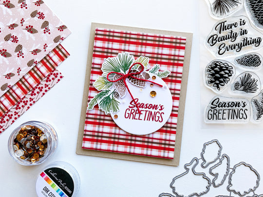 Pinecone Greetings pinecones layered on a plaid paper card