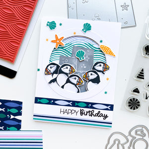 happy birthday card with puffins and seashells 