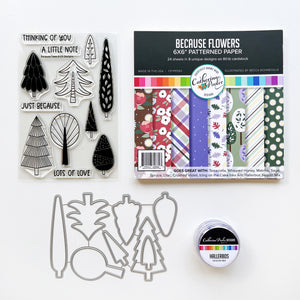 The Just Because Bundle includes Because Trees Stamp set, Because Trees dies, Because Flowers patterned paper, and Hallerbos sequin mix.