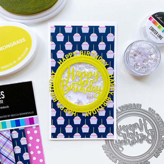 Yellow Round of Happy over Blue Cupcake Patterned Paper