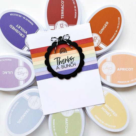 Thanks card using Every Occasion Sentiments stamp set, Scallop Tag Duo dies, twine, Midnight, Terracotta, Ginger, Apricot, Whipped Honey, Matcha, Tranquil, Lilac and Crushed Violet ink pads.