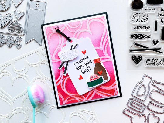 Pink blended scribbled hearts background with tag and Hey There Dumpling Sushi on top