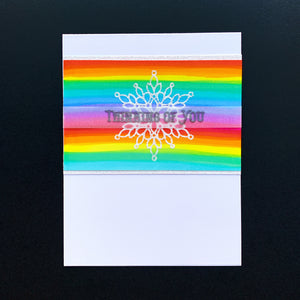thinking of you card with scrolling snowflake and rainbow background