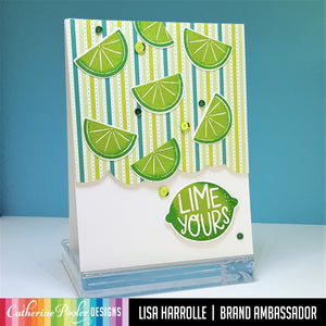 Boston Sequins with limes on green and blue striped background