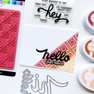 Hello card using Simply Diamonds Background stamp, Hello Trio word dies, Hey, Hey, Hey Sentiments stamp set, white embossing powder, Terracotta, Ginger and Apricot ink pads.