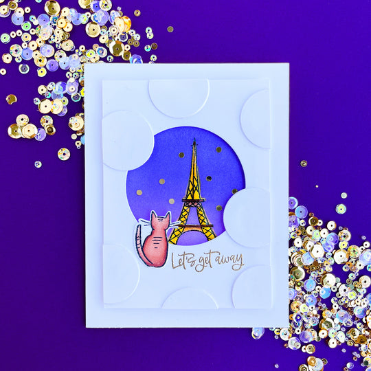 Let's get away card with cat looking at Eiffel Tower