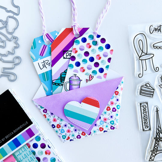 envelope and tags made with Under the Eiffel Tower Patterned Paper
