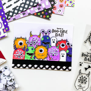 Gang of monsters with black plaid patterned paper stripe on bottom