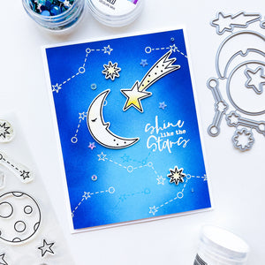 Shine card using Star Gazing stamps & dies, White embossing powder, Dress Blues, Oh Boy!, Tiara and Midnight ink pads, and Oslo sequin mix.