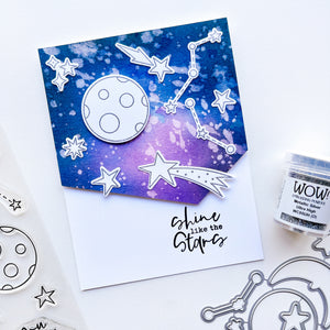 Shine like stars card using Star Gazing stamps and dies, Wow! Metallic silver embossing powder and Midnight ink pad.