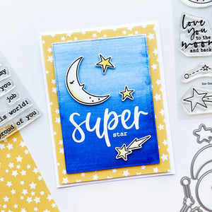 Super star card using Under the Stars patterned paper, Scallops & dots dies, Star Gazing stamps & dies, Super Star Sentiments stamp set, and Midnight ink pad.