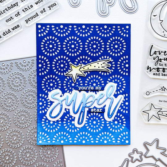 Super star card using Cosmic Cover Plate die, Star Gazing stamps & dies, Super word die, and Super star sentiments stamp set
