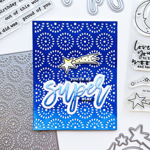 Super star card using Cosmic Cover Plate die, Super word die, Super Star Sentiments stamp set, Star Gazing Stamps & dies, Midnight, Dress Blues, Suede Shoes, and Oh Boy! ink pads.