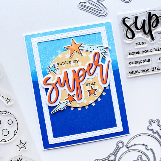 Super Star card using Under the Stars patterned paper, Star Gazing stamps & dies, Super word die, Super Star Sentiments stamp set, and Midnight, Dress Blues, Cummerbund and other ink pads.