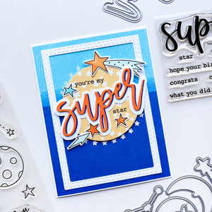 Super Star card using Under the Stars patterned paper, Super star sentiments stamp set, Super word die, Star Gazing stamps & dies, Notecard Frame and Tag dies, and Round About dies.