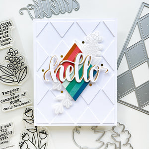 Hello card using Hello word die, Stitch your Diamonds cover plate die, Notable & Quotable Sentiments stamp set, Notable Floral dies, Terracotta, Polished, Ginger, Wintergreen, Skylight, Daydream and Sea Glass ink pads.