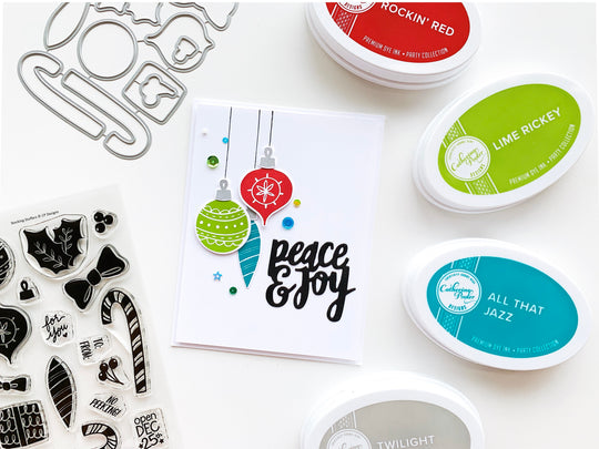 peace and joy card with ornaments