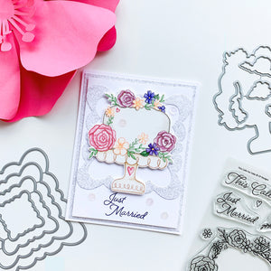 just married card with scallop frame
