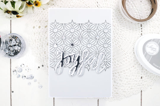 Silver cut out Joyful over Black stamped Prism with Sequins