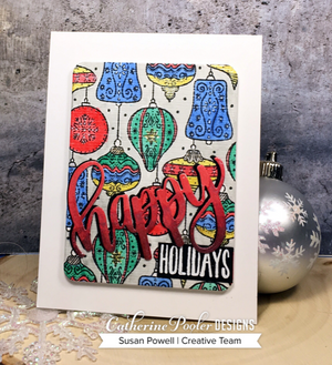 happy holidays card with vintage baubles background
