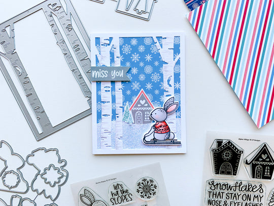 Skiing Bunny with White Birch Die and Alpine Village House Scene Card