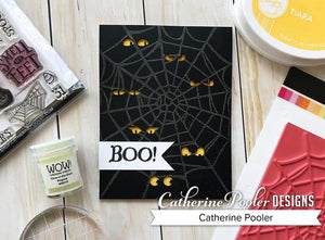 Black embossed spider web background with Boo! sentiment and eyes