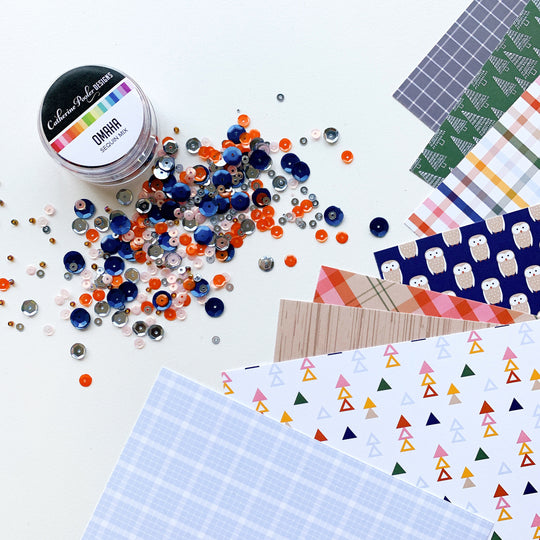 Woodsy Patterned Paper next to Omaha sequins