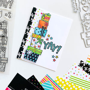Card with yay gifts stamps and poppin' patterned paper
