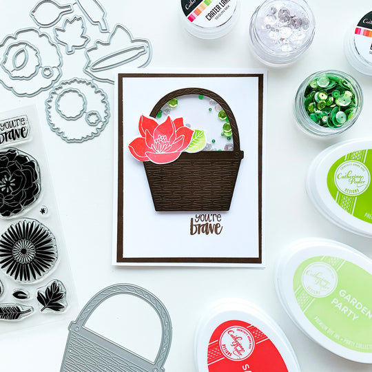 Basket Die with red flower and You're Brave sentiment