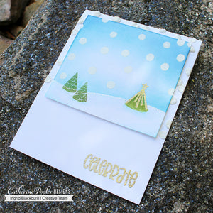 celebrate card with scattered circles and christmas trees