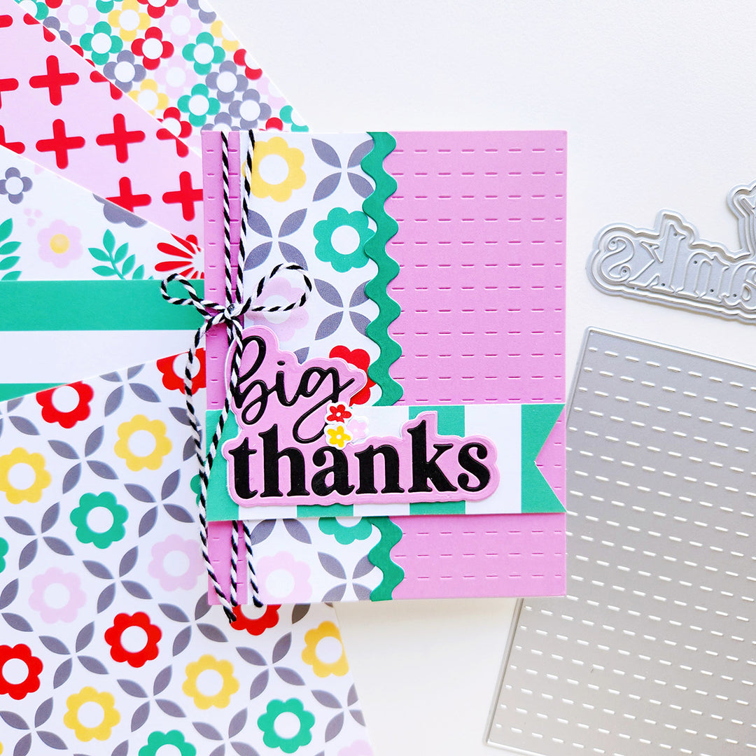 Handmade big thanks card with Channel Stitch Background and Totally Blooming Paper Sheet with edge of Rick Rack Strip.