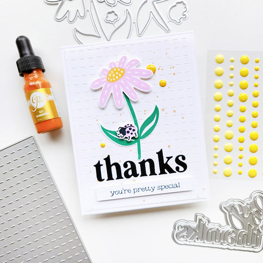 Handmade thanks card with flower using the Wild Flowers stamp set, Glitz Shimmer and Channel Stitch Background