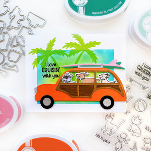 Cruisin with you card using Woodie Wagon dies, Boardwalk Cruisers stamps and dies, and On the Boardwalk stamps.