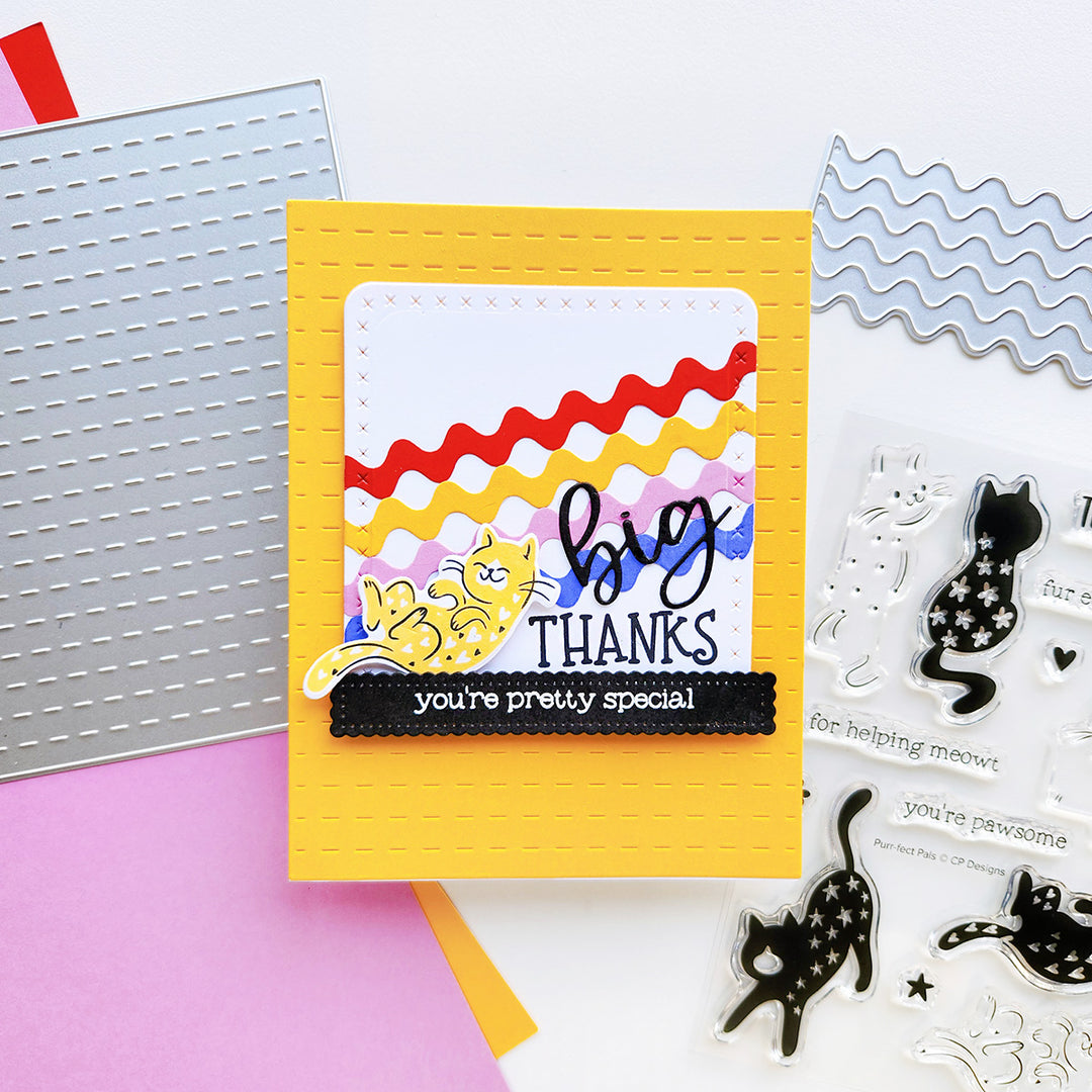 Handmade thanks card with colorful diagonal Rick Rack Strips and Puur-fect Pal kitty cat.