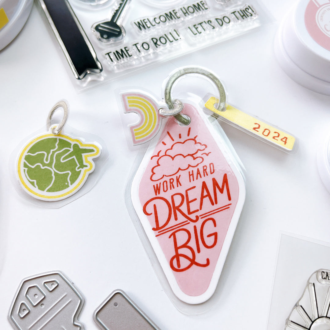 Work Hard, Dream Big laminated keychain