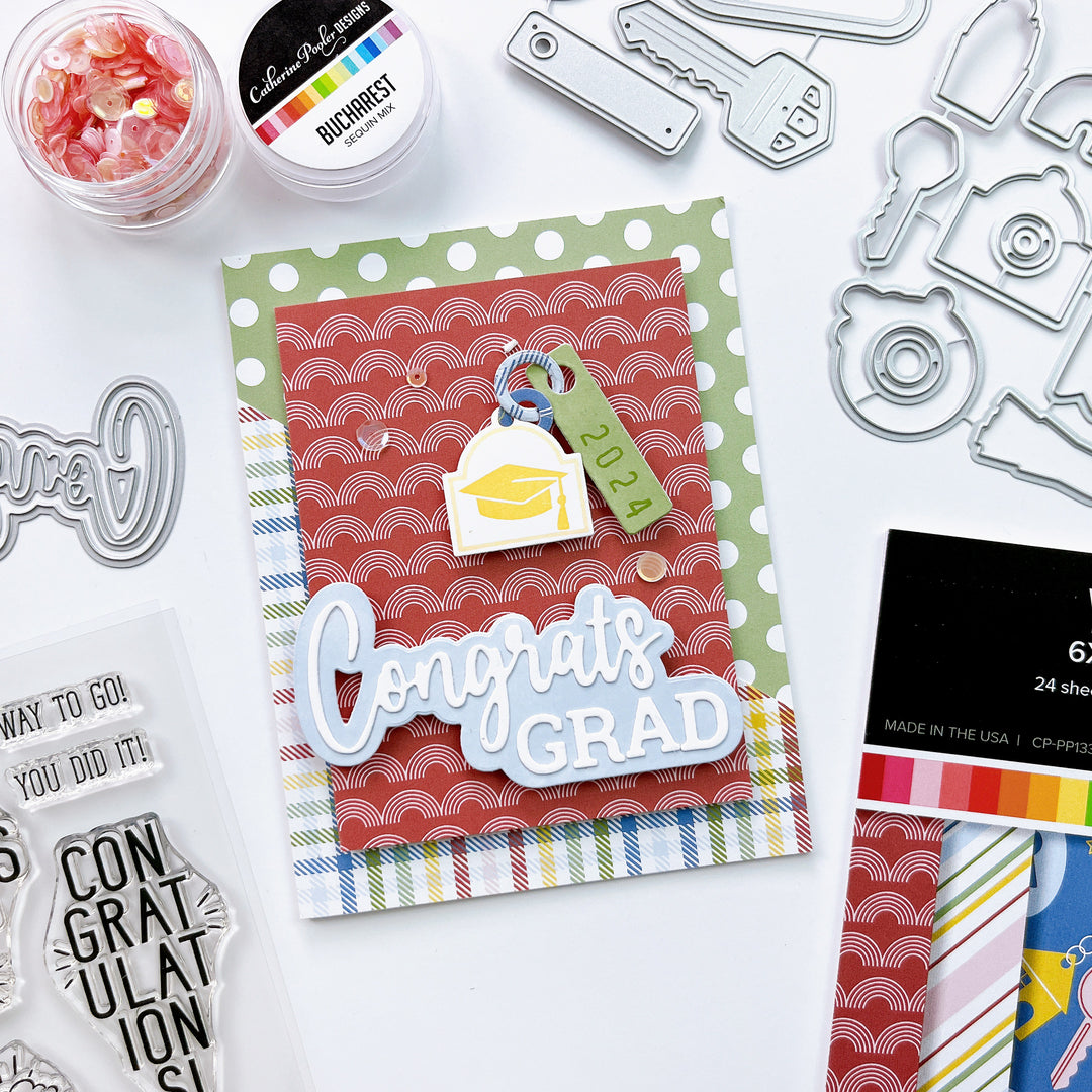 Congrats Grad card using Charming Keys stamps & dies, and prints from the You Hold the Key patterned paper pack.