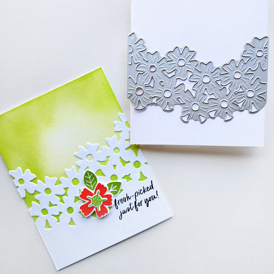 “Fresh picked just for you” card featuring a floral cluster on an ink-blended background.