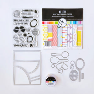 The Make a Racket bundle includes the Make a Racket stamp set, Make a Racket dies, 40 Love 6x6 patterned paper, Court Side cover plate die and Wimbledon sequin mix.