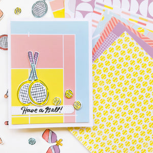 Have a Ball card using 40 Love patterned paper, Make a Racket stamps and dies.