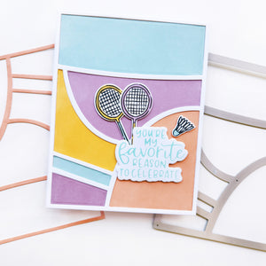 Favorite reason card using Court Side Cover Plate die, Best Birthday Yet Sentiments Hot Foil plate and die, Make a Racket stamps and dies.