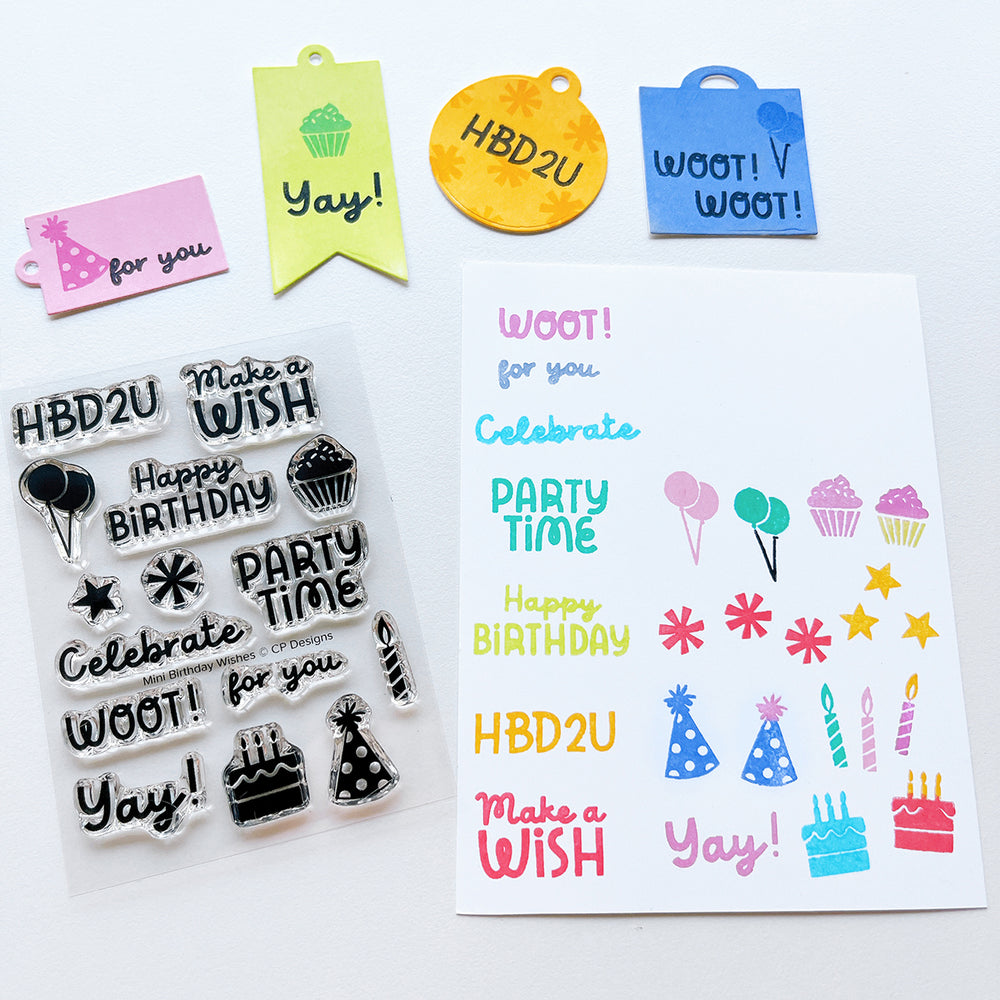 Results of the Mini Birthday Wishes Sentiment stamp set and Mini tags dies